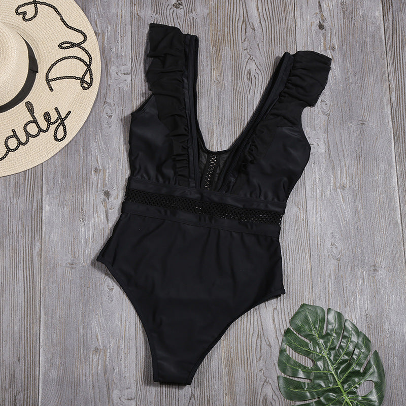 Sexy Hollow Out Cutout Swimsuit Women Deep V Plunge Plunge One-Piece Swimsuit Ruffled Bikini Bella Mia